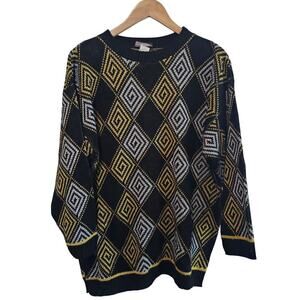 Vintage Preppy Sweater Womens Large Black 90s Geometric Academia Metallic Knit